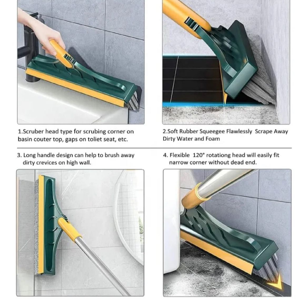 A collage of images showing a green and yellow 2-in-1 floor seam scrubbing brush with a long handle. The brush is demonstrated in various cleaning scenarios, including scrubbing corners and reaching under a toilet seat.