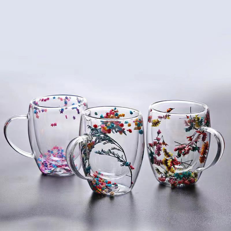 insulated Double Wall Glass Cup Dried Flower Coffee Cup with Handle Household Hot