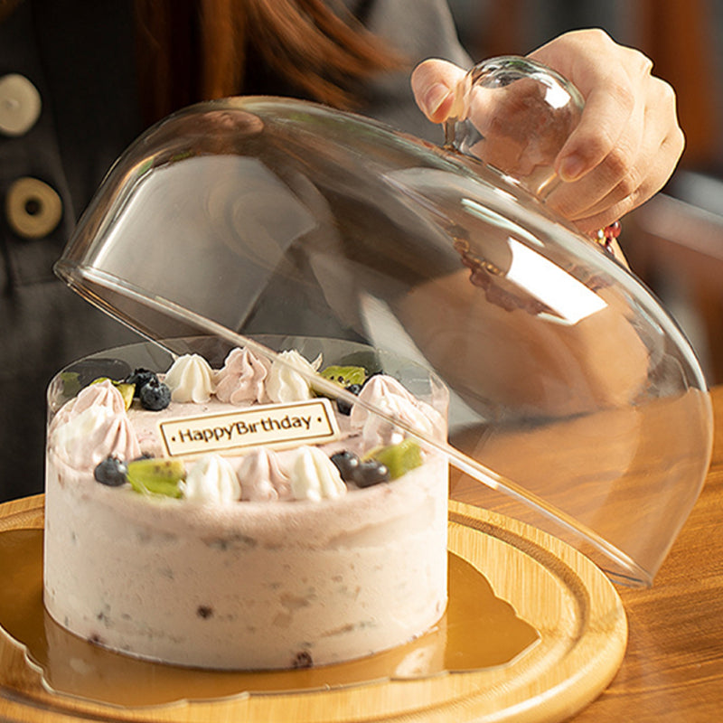 Large size glass cake cover with wooden holder.