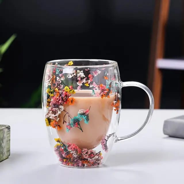 insulated Double Wall Glass Cup Dried Flower Coffee Cup with Handle Household Hot