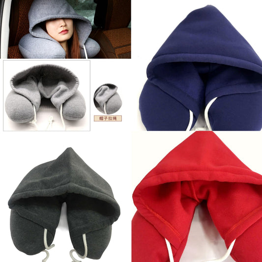 Travel neck pillow with hoodie