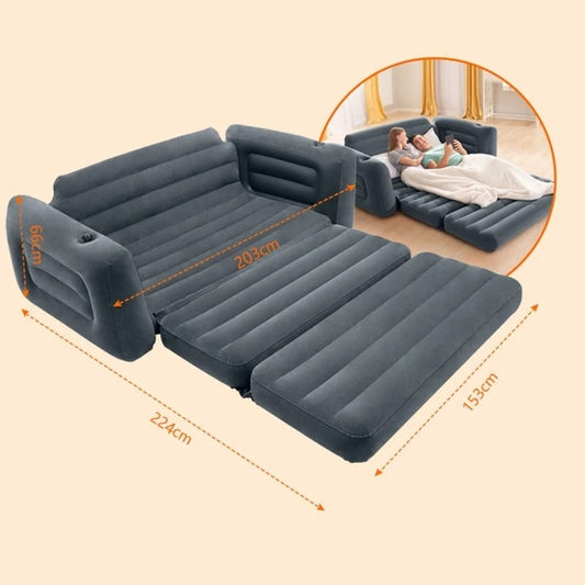 Intex Queen Size Inflatable Pull-Out Sofa Bed Sleep Away Futon Couch with 2 Cupholders