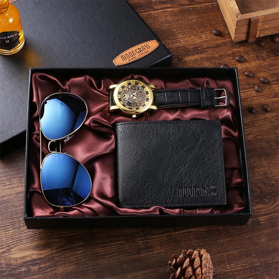 Casual Men's Hollow Watch 3pcs/set Gift Set Business Quartz-watch Wallet Sunglasses Set Gifts Box For Men Drop