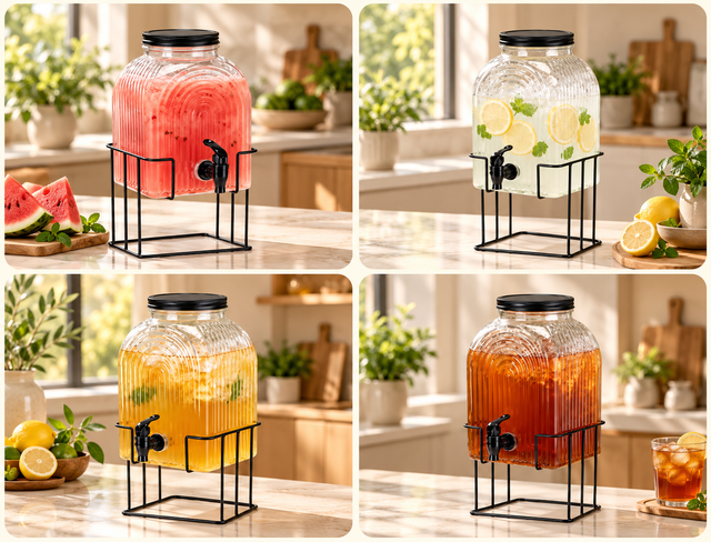 Beverage dispenser ribbed clear glass with tap and black stand party table — iDecorators Kenya