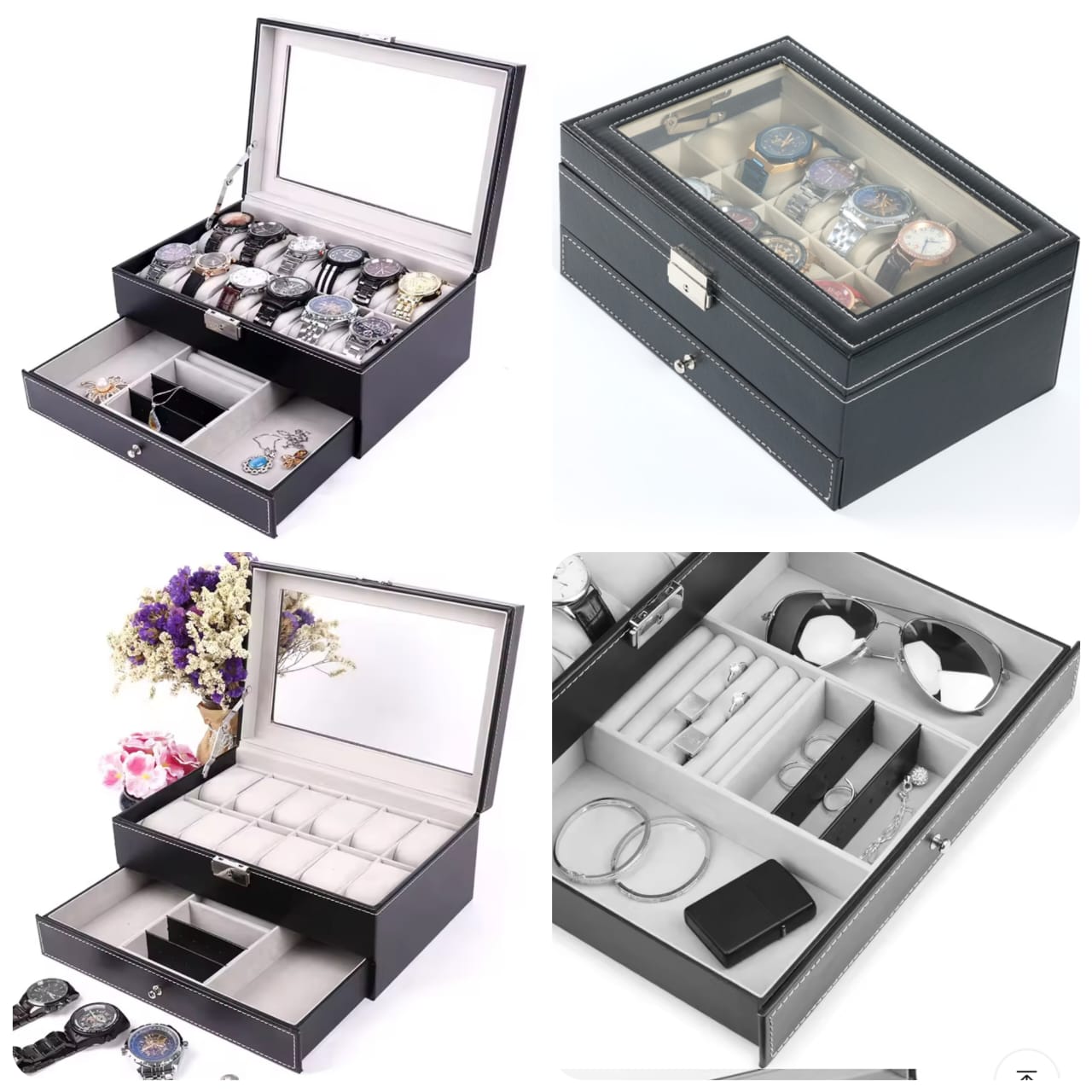A black double layer watch organizer with a glass top, showcasing multiple compartments for watches, jewelry, and sunglasses with a lock key.