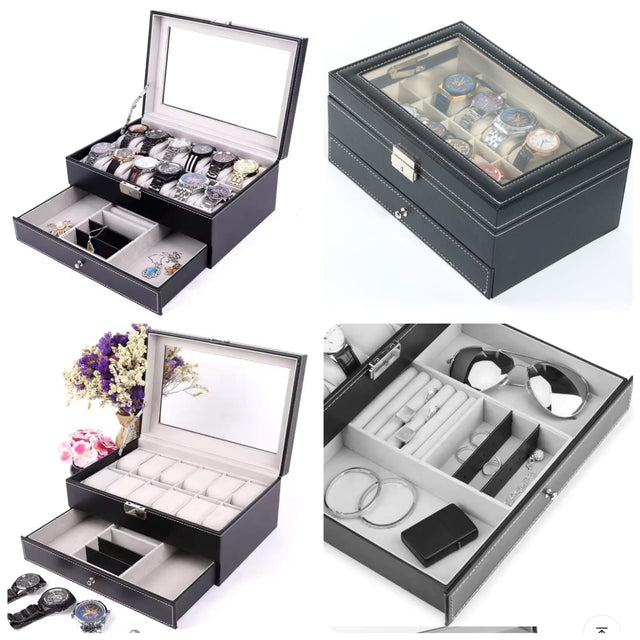 A black double layer watch organizer with a glass top, showcasing multiple compartments for watches, jewelry, and sunglasses with a lock key.