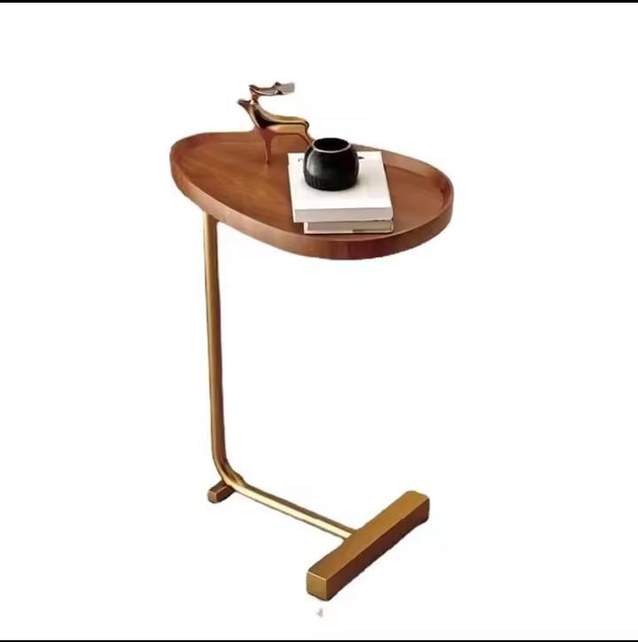 A stylish and functional modern C-shape side table featuring a smooth wooden tabletop and a strong metal base