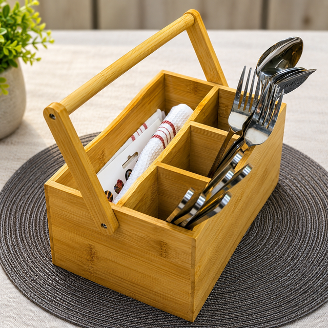Bamboo Cutlery Organizer with Handle