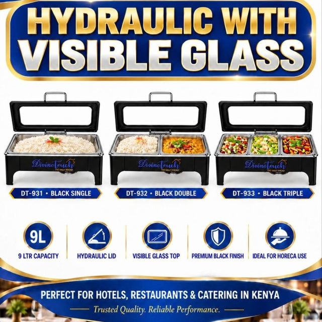 Black Stainless Steel Rectangular Hydraulic Chafing Dish with Glass Lid, 9 Litres div