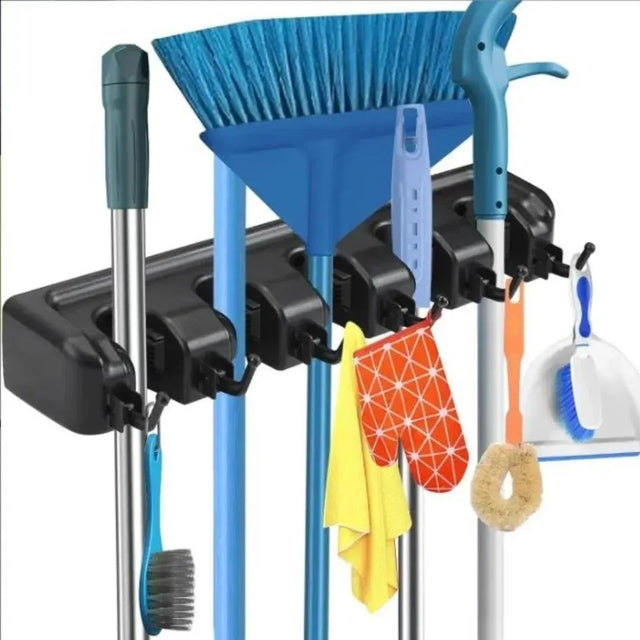 Black Wall Mounted Broom & Mop Holder with 5 Holders and 6 Hooks grc
