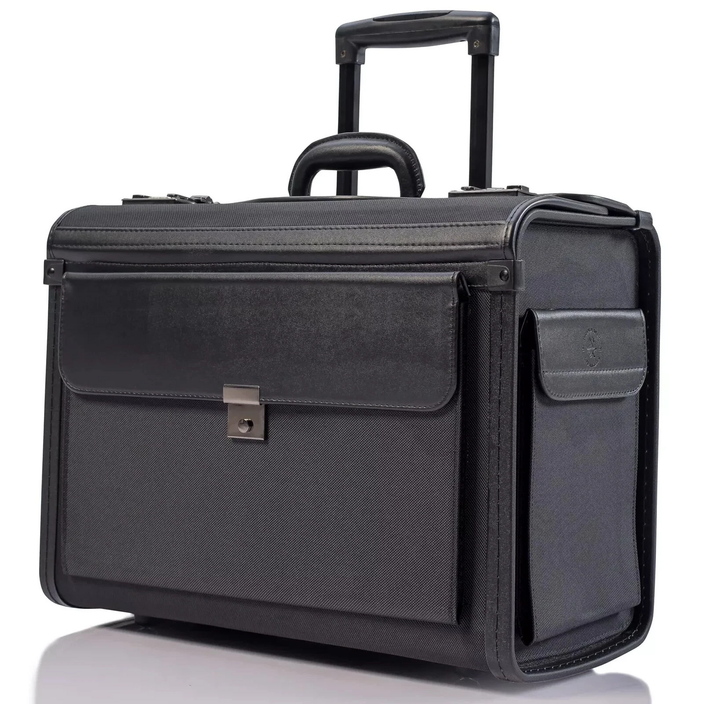 Black rolling pilot briefcase trolley bag with extended telescoping handle, grey fabric body, black leather trim panels, front clasp pocket, and quick-access side pocket — professional business travel laptop case available at iDecorators Kenya, NairoBI