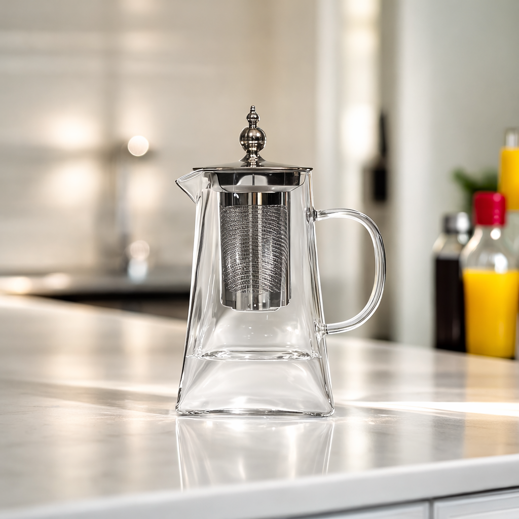 Clear glass teapot with metal infuser on a kitchen counter