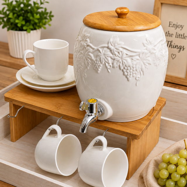 Premium Ceramic Drink Dispenser with Bamboo Display Stand