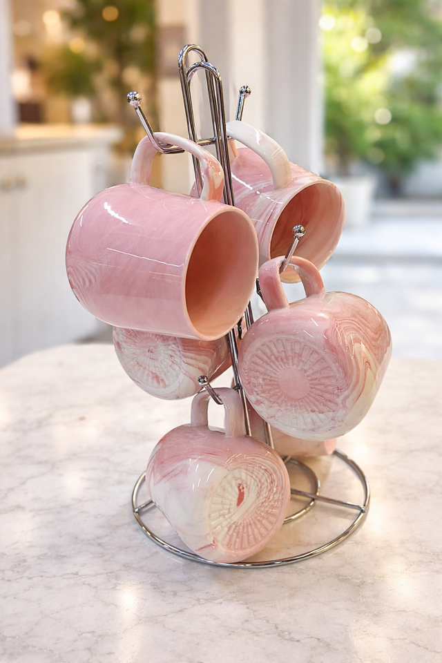 Marble Finish Ceramic Mug Set with Chrome Stand – Six Pieces