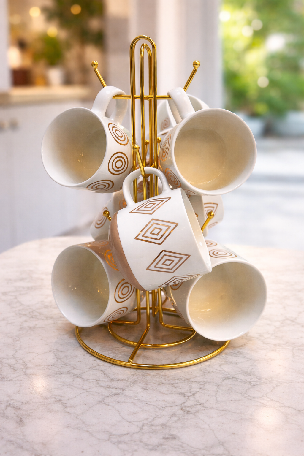 Geometric Pattern Ceramic Mug Set with Gold Stand – Six Cups