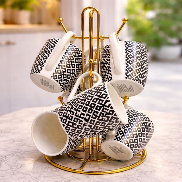 Geometric Square Pattern Ceramic Mug Set with Gold Stand – 6 Cups