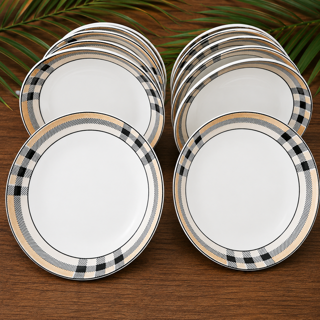 Classic Checkered Rim Porcelain Dinner Plates – 6 Piece Elegant Dining Set