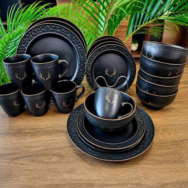 Luxury Matte Black Deer Embossed Ceramic Dinner Set – 24 Piece Complete Tableware Set (6 Place Settings)