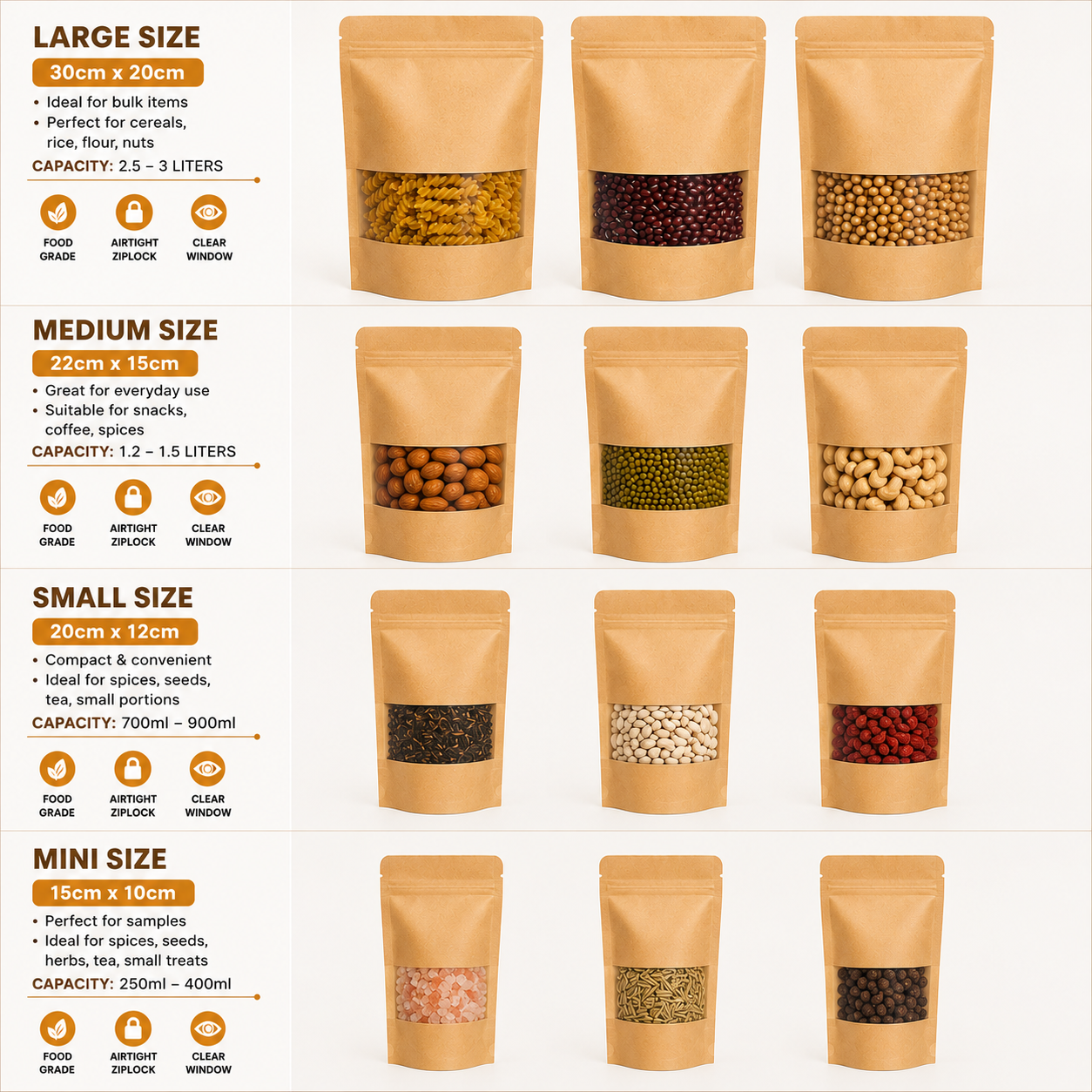 Food packaging bags Kenya. Reusable kraft ziplock pouches with airtight seal and transparent window for snacks, cereals, coffee, spices, and dry foods.