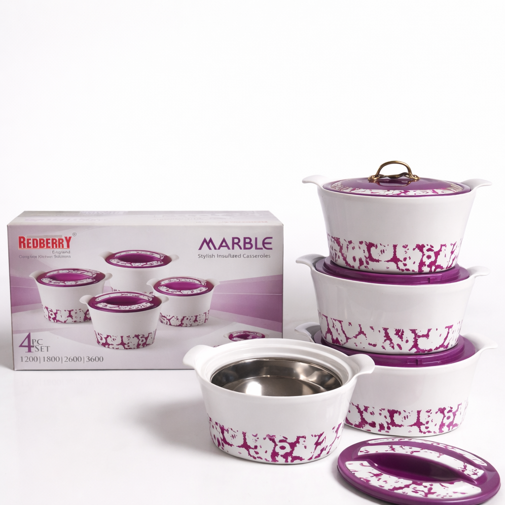 Set of white and purple patterned cookware with a Redberry branded box.