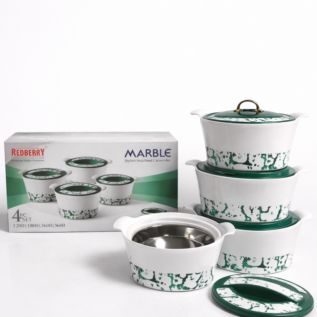 Set of ceramic containers with green floral pattern and Redberry packaging on a white background