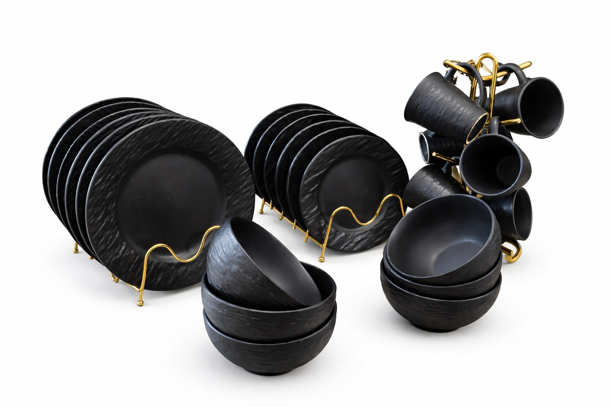 Luxury Black Stoneware Dinner Set with Gold Racks – Complete Tableware Collection,plates,bowls,sideplate,cups