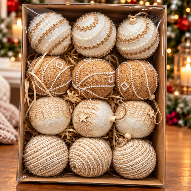 Christmas baubles rustic jute pearl and glitter 12 piece boxed set — iDecorators Kenya
