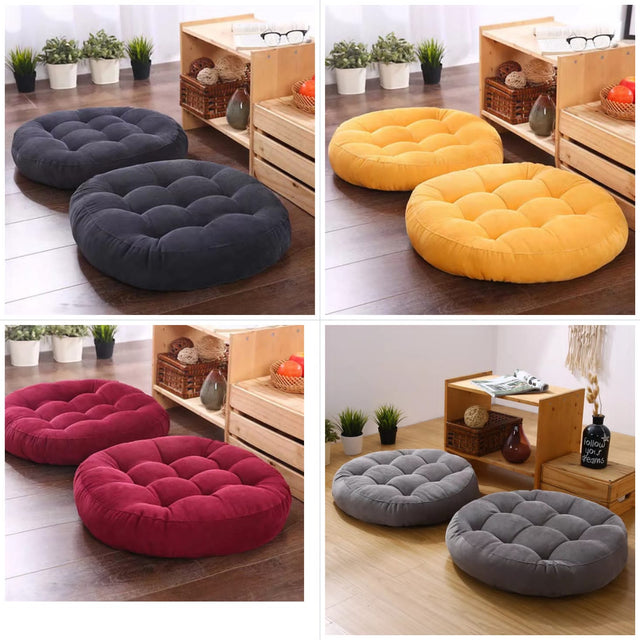 Collage of round cushions in various colors on a wooden floor.