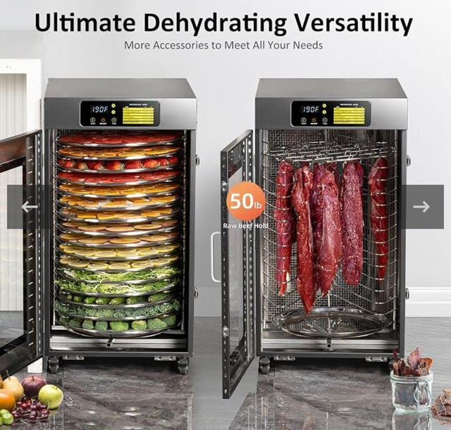 Commercial 16-tray stainless steel food dehydrator with digital controls and multiple drying racks for fruits, vegetables, herbs, and meat.