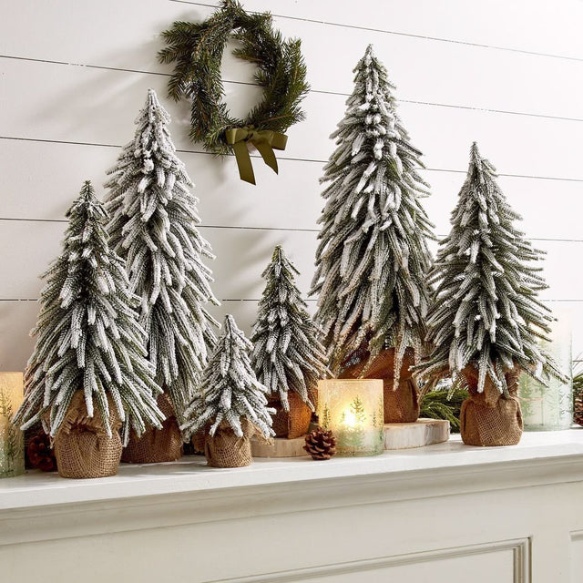 Christmas tree snow flocked green pine with burlap base mantel decor — iDecorators Kenya