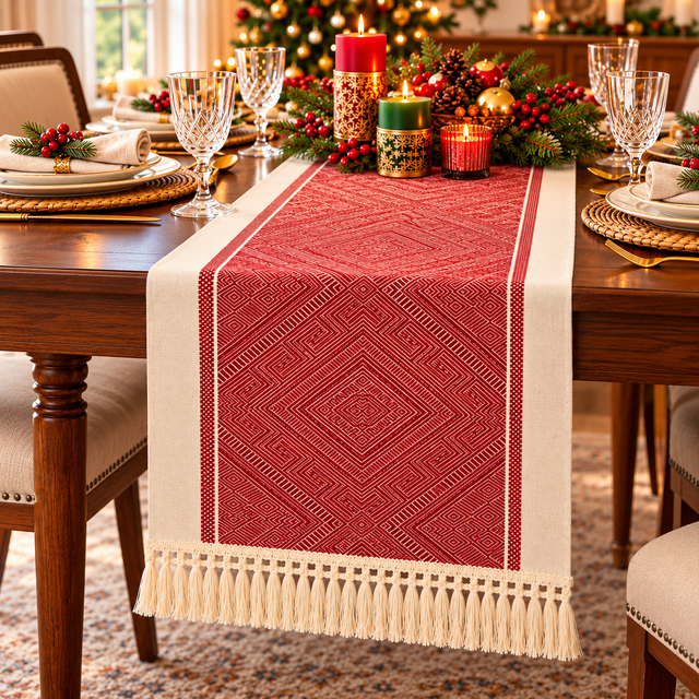Red Geometric Christmas Table Runner with Tassels — 240cm
