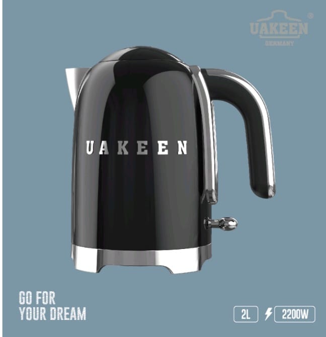 Black electric kettle with Uakeen branding on a blue background