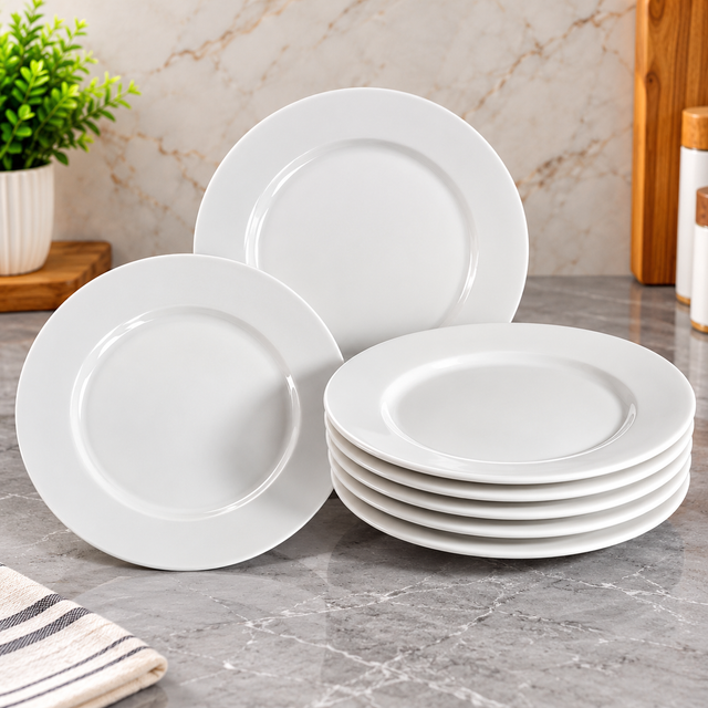 White Heavy Round Ceramic Saucers with Classic Rim — 6 Inch spn