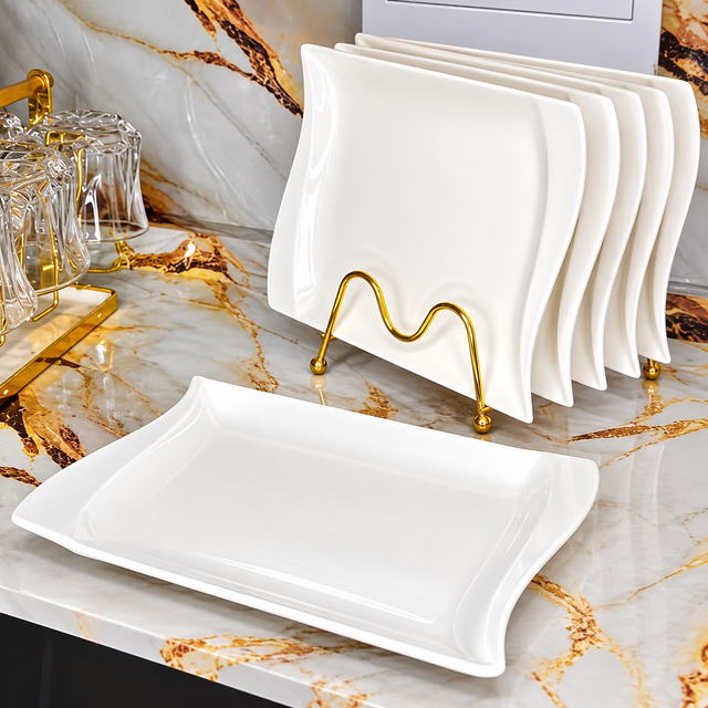 White Heavy Rectangular Ceramic Dinner Plates with Wavy Edges — 6 Pieces spn