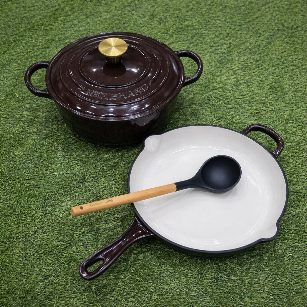 Enamel Cast Iron Cookware Set 3pcs – 28cm Casserole & Skillet with Gold Knobs