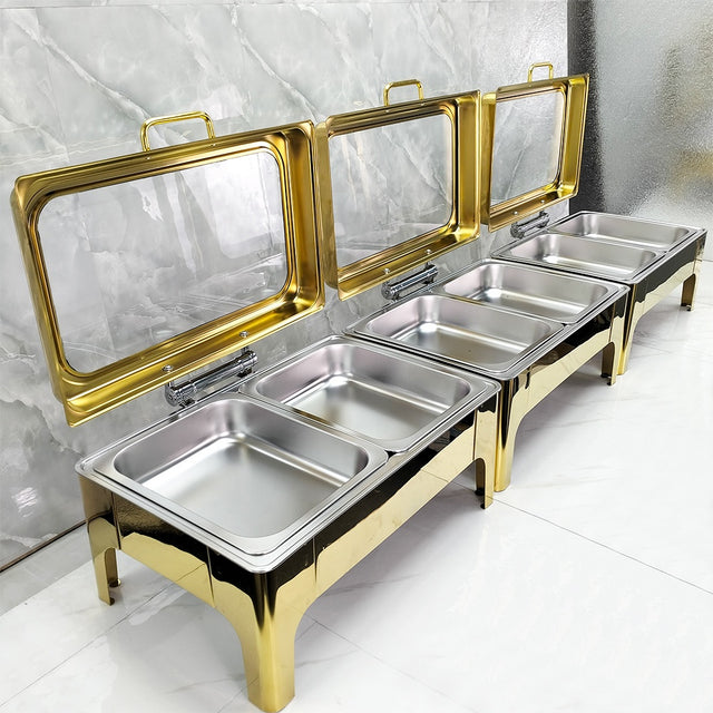 Gold Rectangle Hydraulic Buffet Food Warmer spn