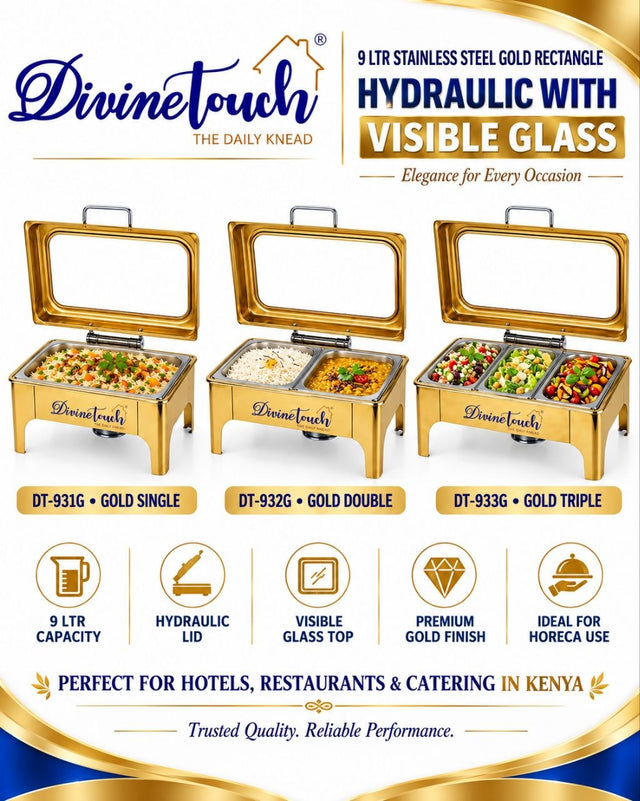 Gold Stainless Steel Rectangular Hydraulic Chafing Dish with Glass Lid, 9 Litres div