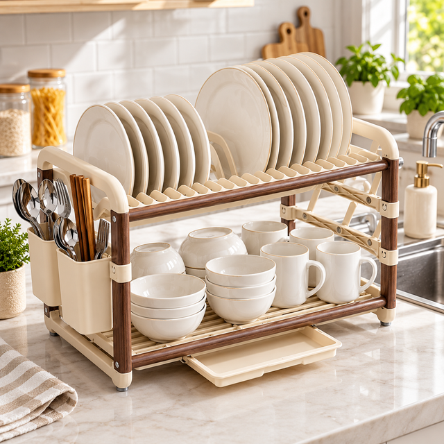Dish rack aluminium wood-grain 2 tier with drainer tray and cutlery holder — iDecorators Kenya