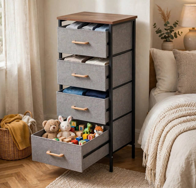Drawer cabinet grey fabric drawers open with clothes and toys in bedroom — iDecorators Kenya