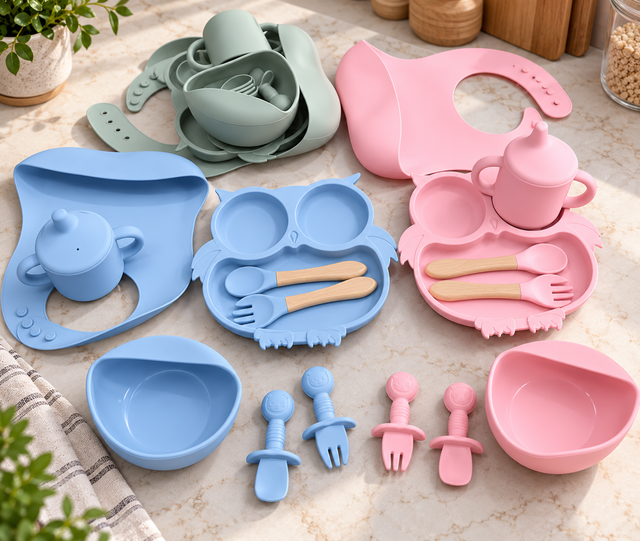 Baby feeding set pastel silicone with owl plate, bib and sippy cup — iDecorators Kenya