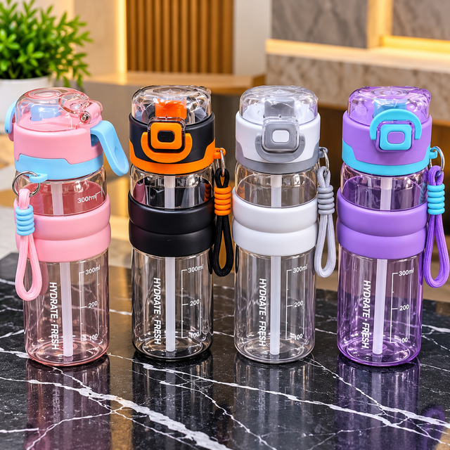 Water bottle clear with colourful straw lid and carry rope on marble table — iDecorators Kenya