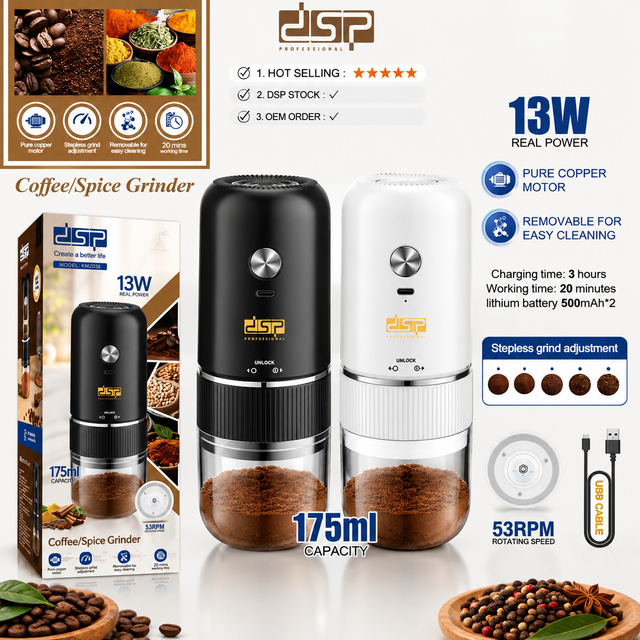 DSP rechargeable electric coffee and spice grinder with 175ml capacity, USB charging, and adjustable grinding settings