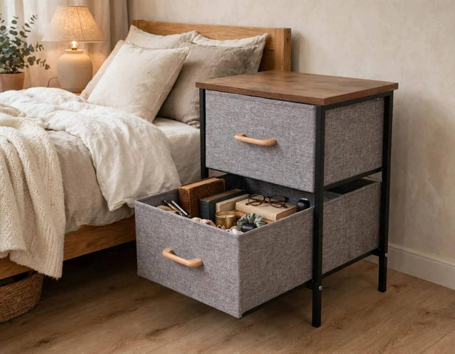 Bedside table grey fabric drawers wood finish top beside bed — iDecorators Kenya
