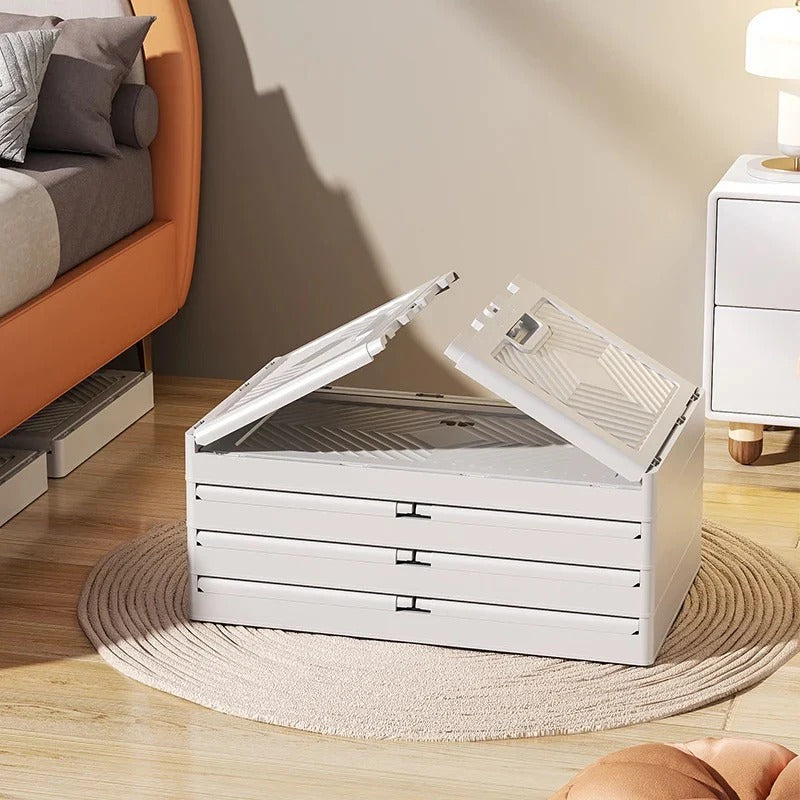 4 Pack Large Collapsible Storage Bins With Lids & Wheels, Plastic Folding Storage Box, Stackable Storage Bins with Doors for Closet Organizers and Storage