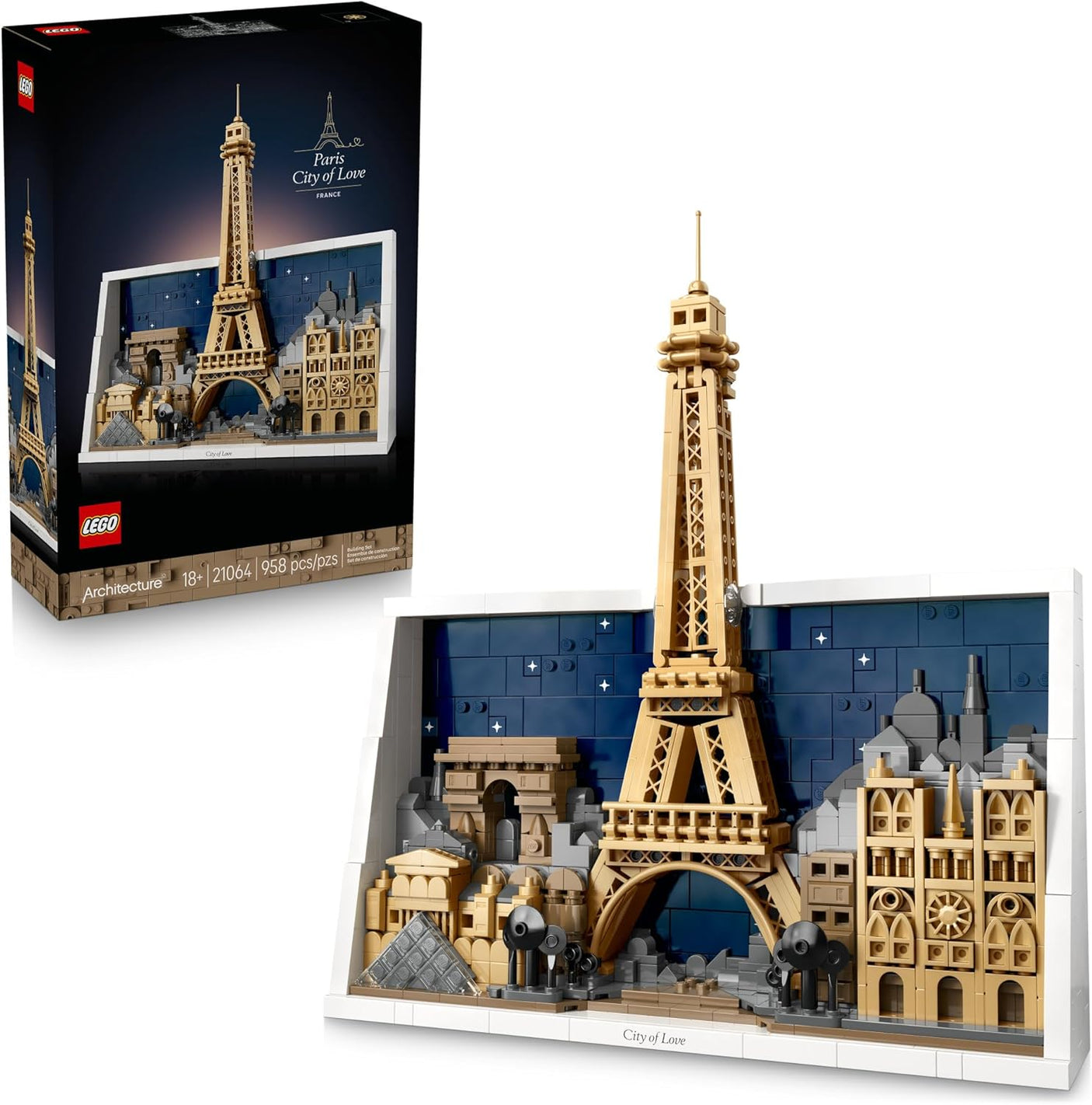 LEGO Architecture Paris City of Love building set 21064 with 958 pieces, showing completed model of the Eiffel Tower, Arc de Triomphe, Notre-Dame Cathedral and Louvre Pyramid on a starry navy display base, alongside retail box — available at iDecorators Kenya, Nairobi.
