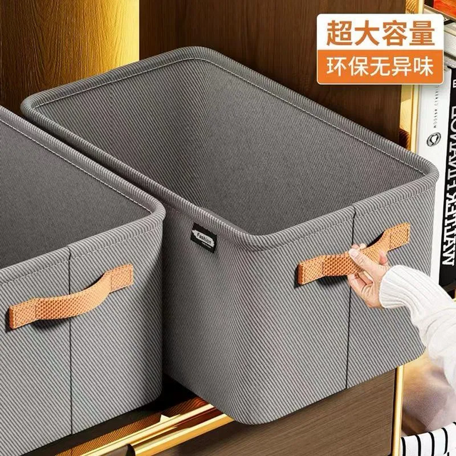 Large grey fabric storage organizer box with lid and carry handles for clothes, blankets, bedding and household storage