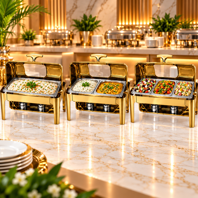 Gold Stainless Steel Rectangular Roll Top Chafing Dish with Viewing Window, 9 Litres di