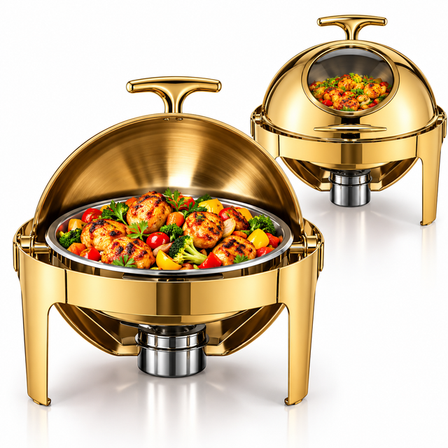 Gold Stainless Steel Round Roll Top Chafing Dish with Viewing Window, 6 Litres