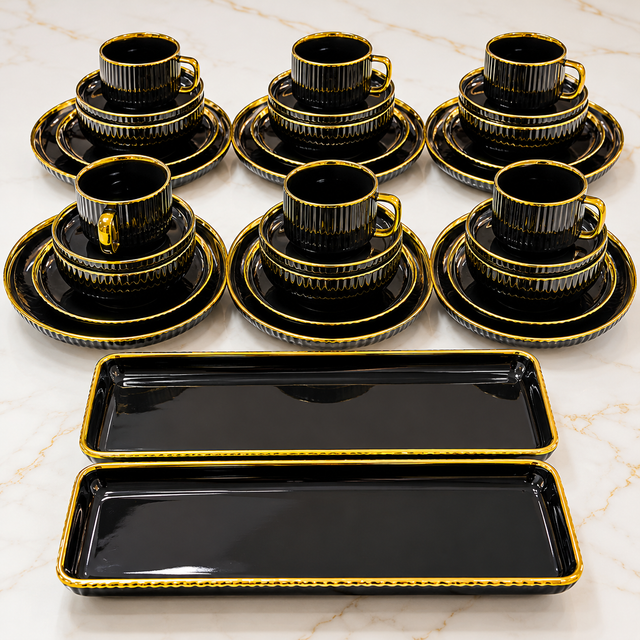 Black European Porcelain Dinner Set with Gold Rims — 32 Pieces spn