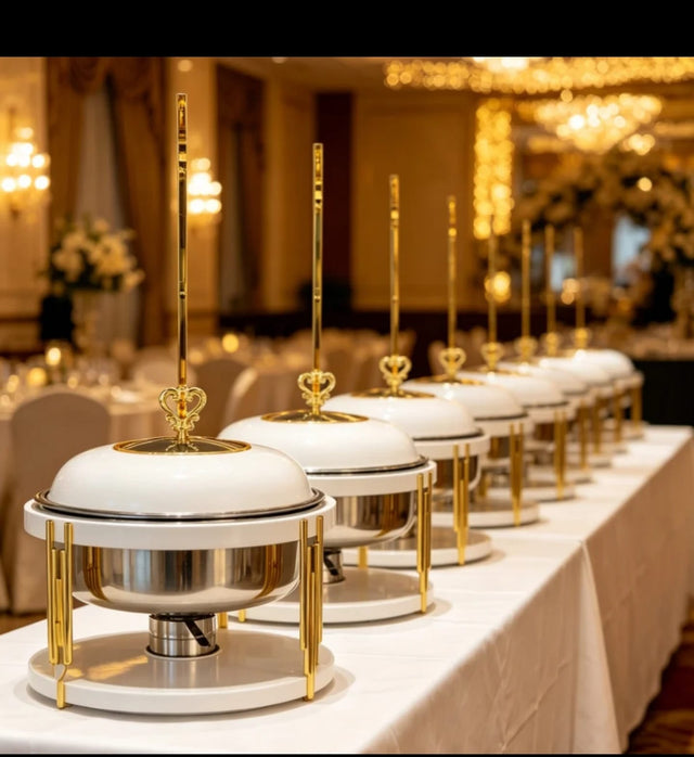 Luxury white and gold 10L round hanging chafing dish food warmer for weddings, hotels and buffets.